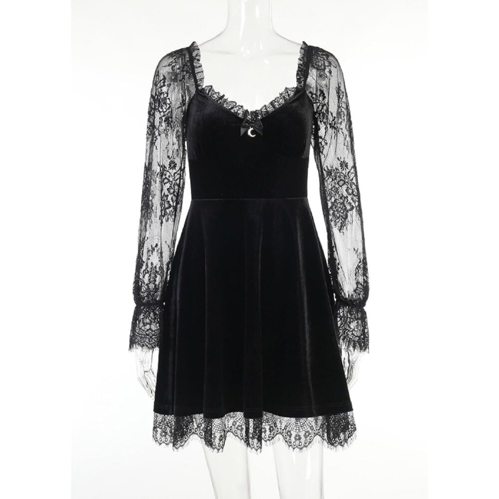 Women's Goth Witchy Dress Velvet Moon Fairy Lolita Dresses Long Sleeve Dress - Picture 4 of 9